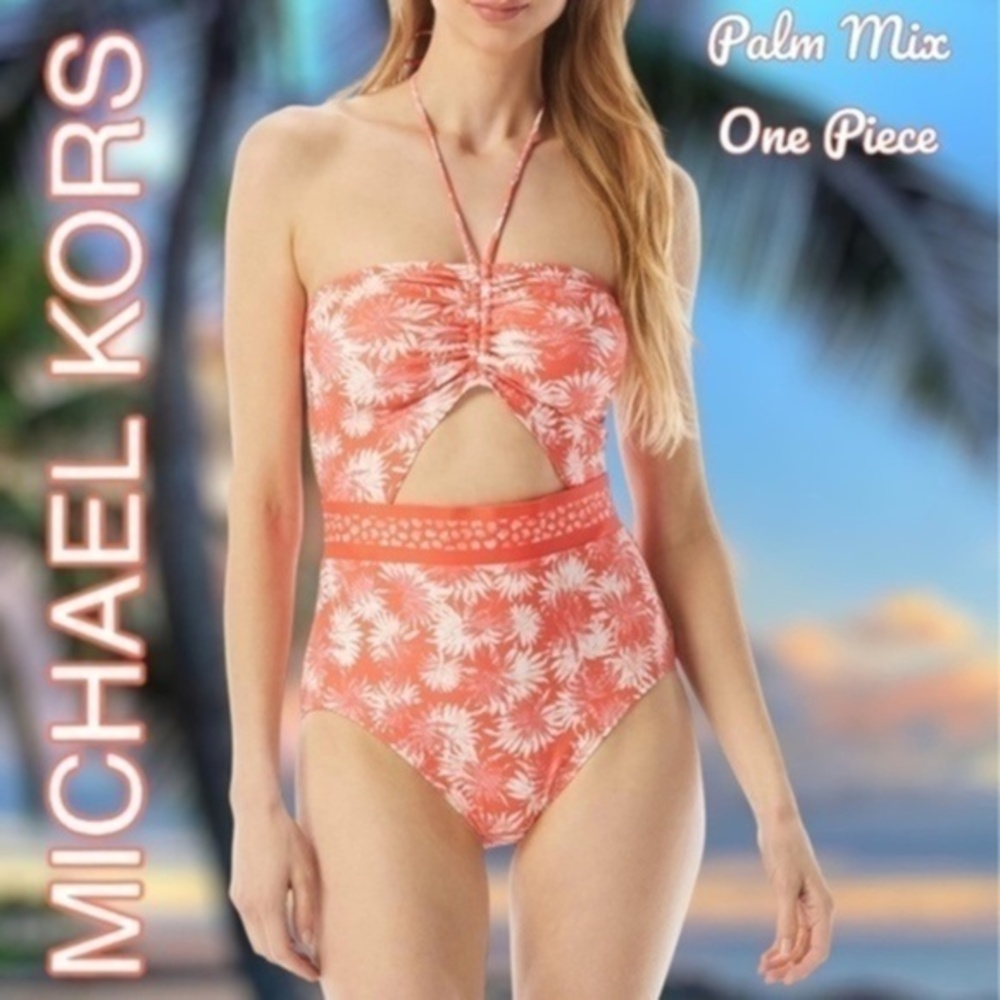 MICHAEL KORS Palm Mix Bandeau Front Cutout Halter Ties One-Piece Swimsuit-12/NWT